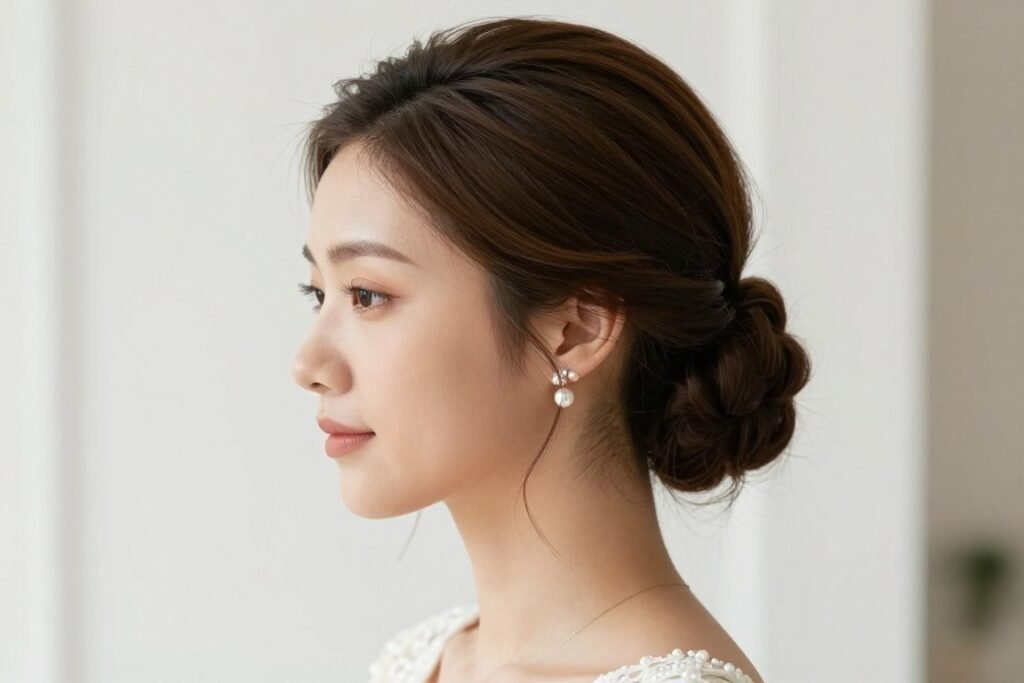 elegant low bun bridesmaid hairstyle with side part