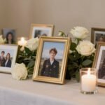 elegant memorial table with photos candles and flowers
