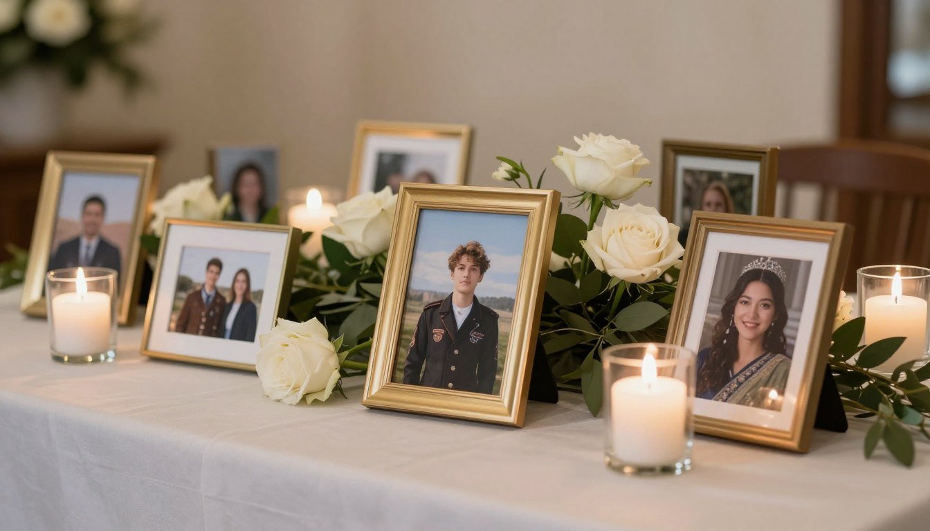 elegant memorial table with photos candles and flowers