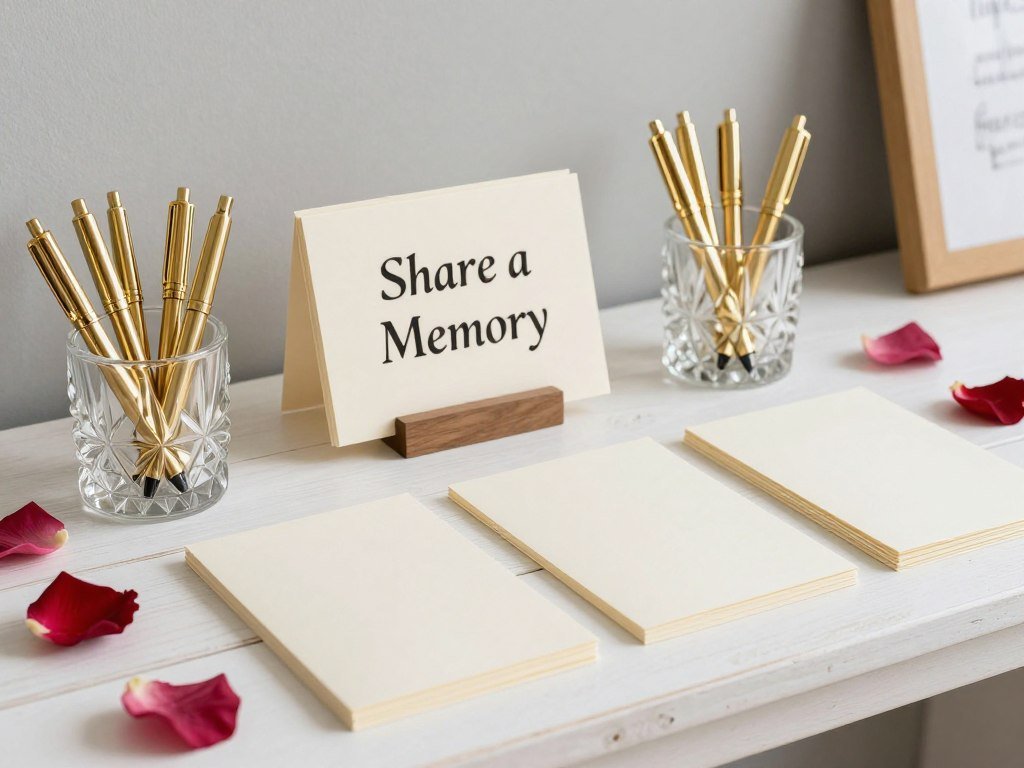 elegant memory card station with blank cards and gold pens