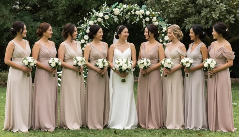 elegant neutral bridesmaid dresses in champagne and taupe tones at outdoor wedding ceremony