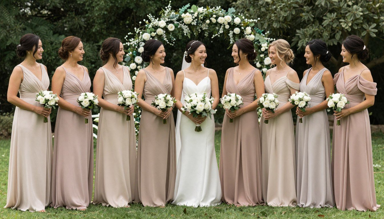 elegant neutral bridesmaid dresses in champagne and taupe tones at outdoor wedding ceremony
