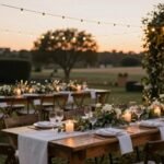 elegant outdoor rehearsal dinner setup with string lights and long tables