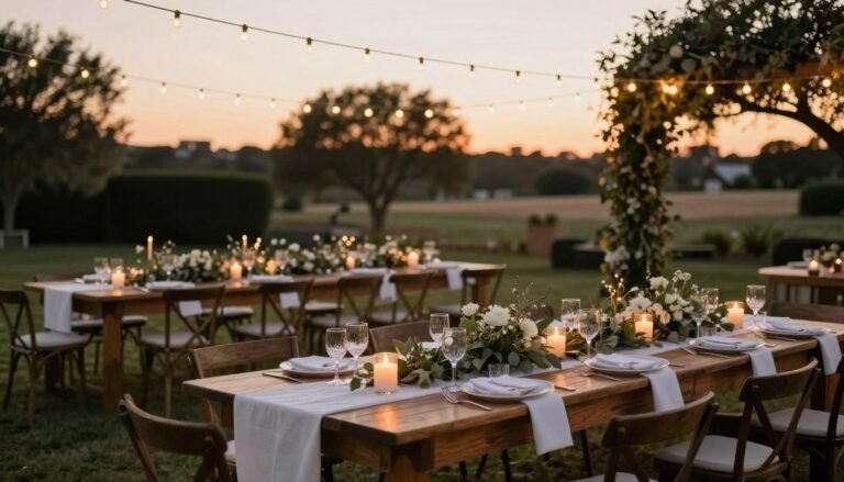 elegant outdoor rehearsal dinner setup with string lights and long tables