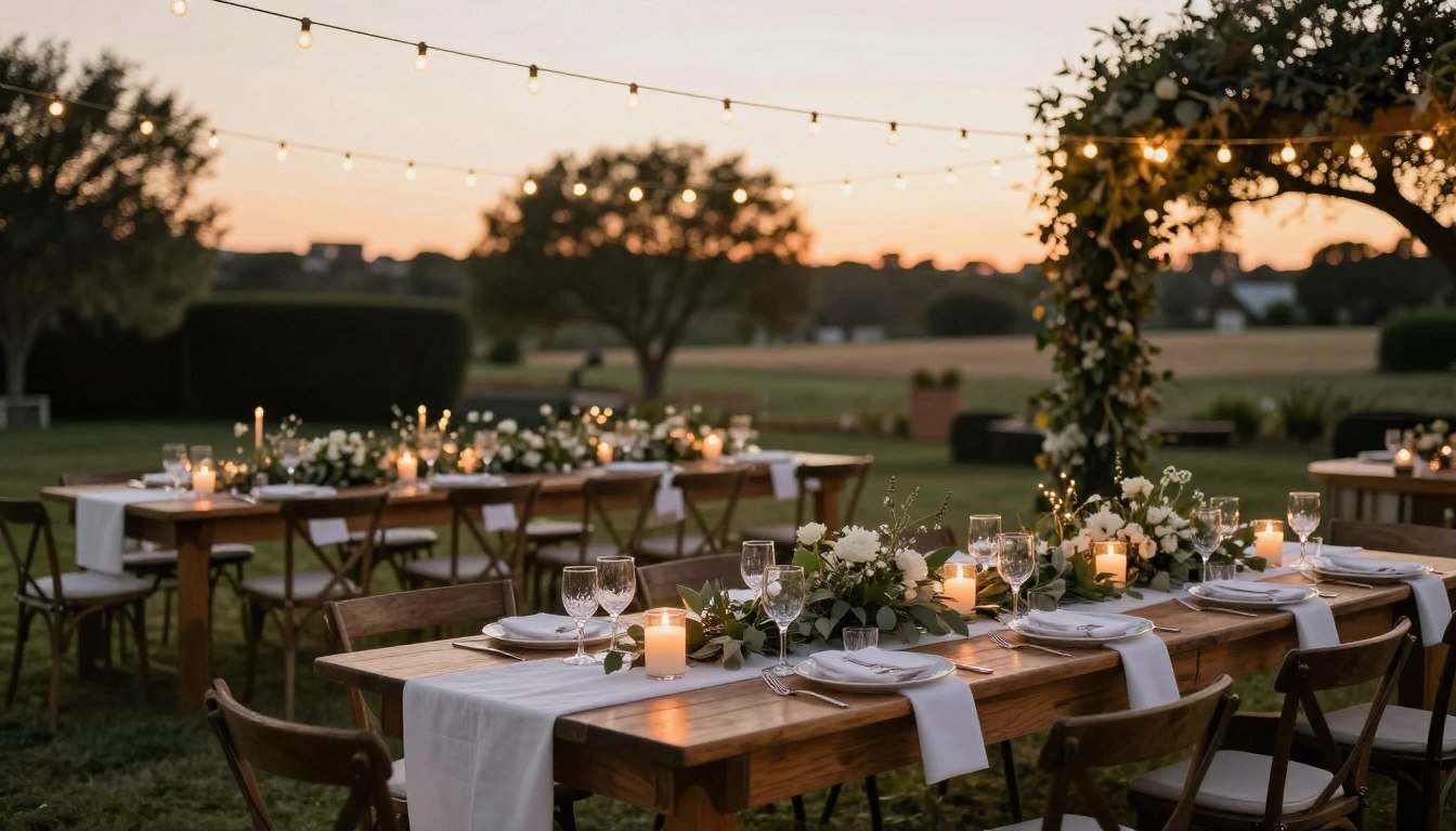 elegant outdoor rehearsal dinner setup with string lights and long tables