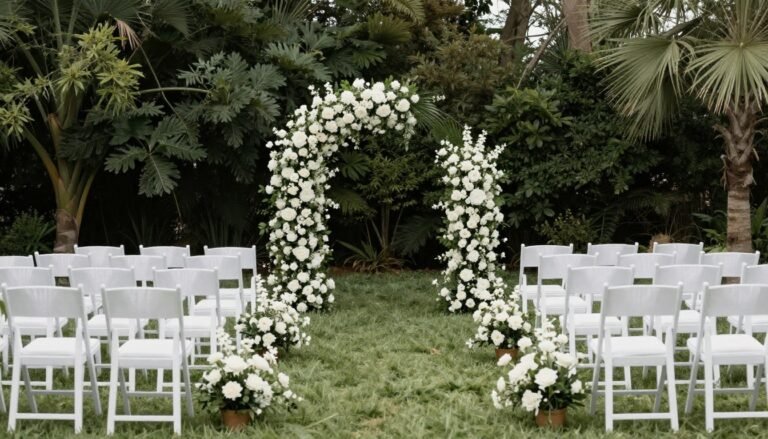 elegant outdoor wedding venue with white chairs and floral arch