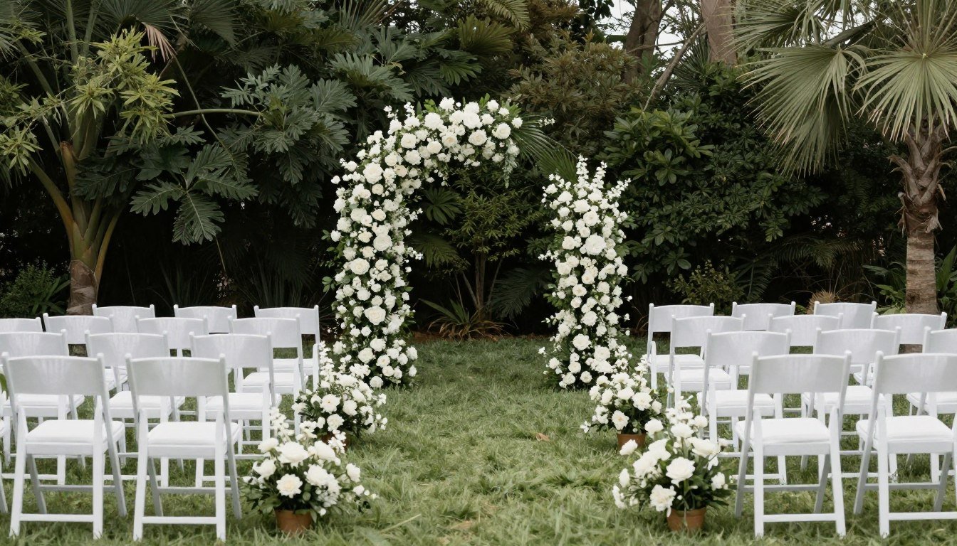 elegant outdoor wedding venue with white chairs and floral arch