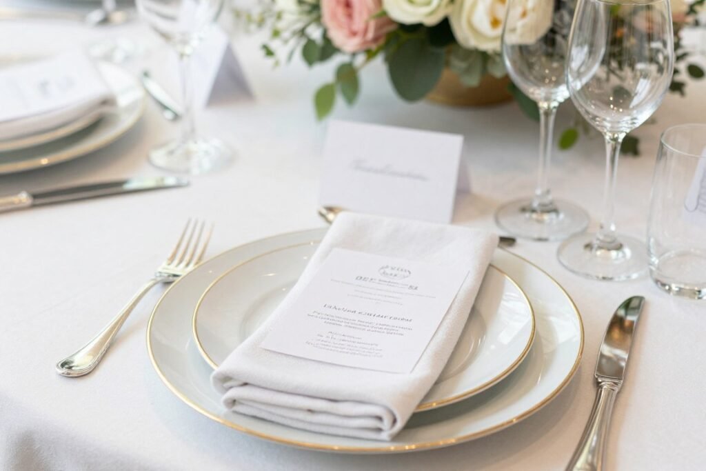 elegant place setting for rehearsal dinner