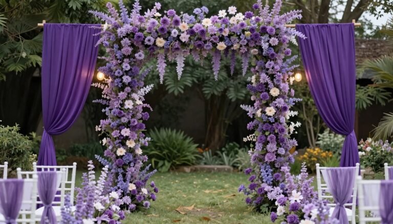 elegant purple wedding ceremony arch decorated with lavender flowers and deep purple drapes