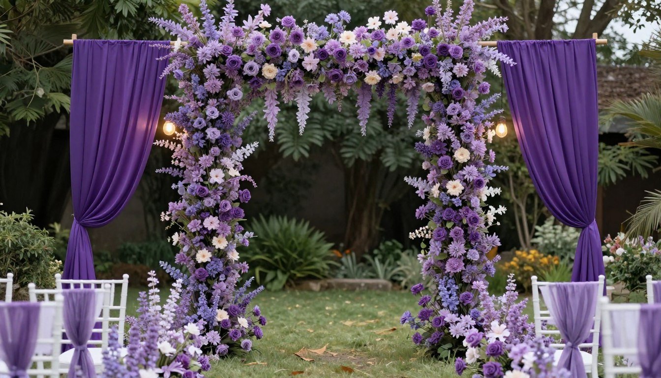 elegant purple wedding ceremony arch decorated with lavender flowers and deep purple drapes