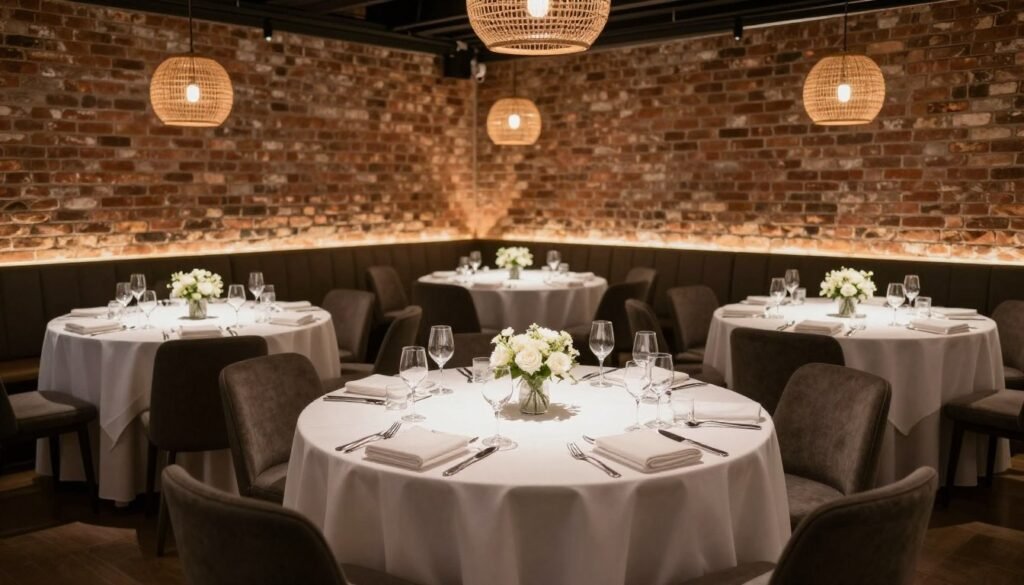 elegant restaurant wedding reception with round tables and ambient lighting elegant restaurant wedding reception with round tables and ambient lighting