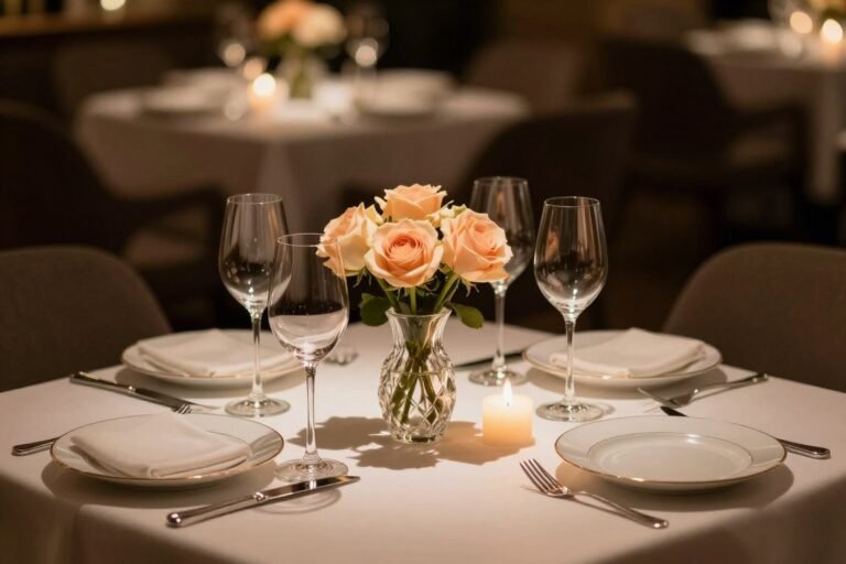 elegant romantic dinner table setting with candles and flowers for anniversary celebration