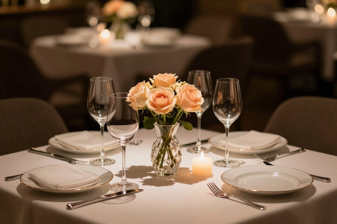 elegant romantic dinner table setting with candles and flowers for anniversary celebration