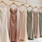 elegant satin bridesmaid dresses in various colors hanging in bridal boutique
