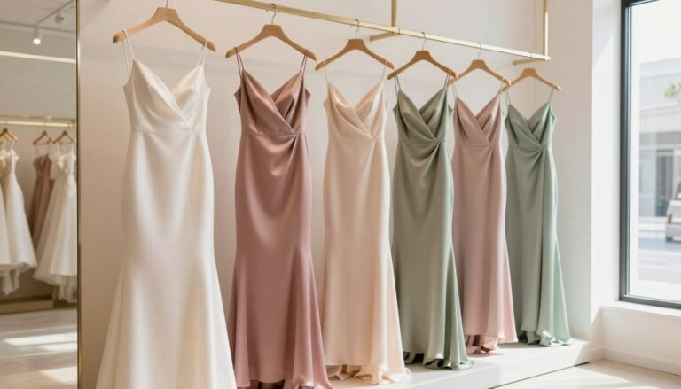 elegant satin bridesmaid dresses in various colors hanging in bridal boutique