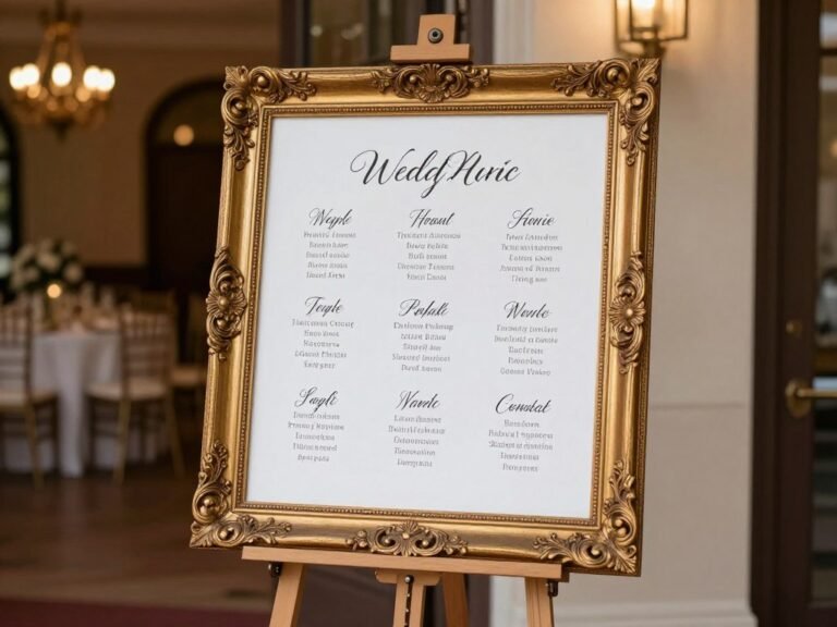 elegant seating chart wedding ideas featuring gold ornate frame with calligraphy