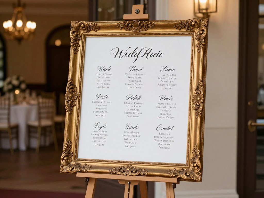 elegant seating chart wedding ideas featuring gold ornate frame with calligraphy