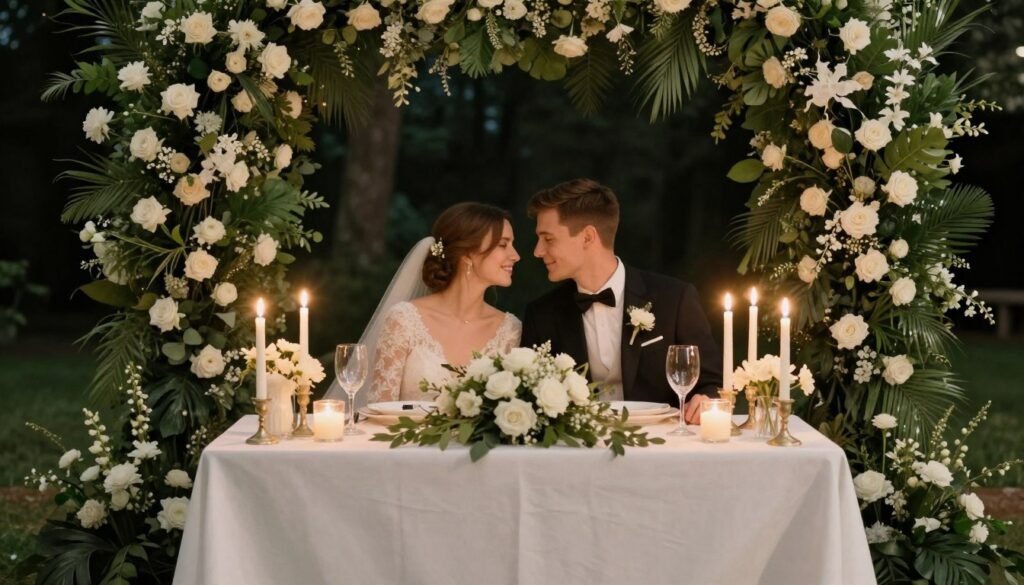 elegant sweetheart table with floral backdrop
