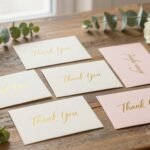 elegant thank you cards displayed on a rustic wooden table with fresh flowers and calligraphy pen