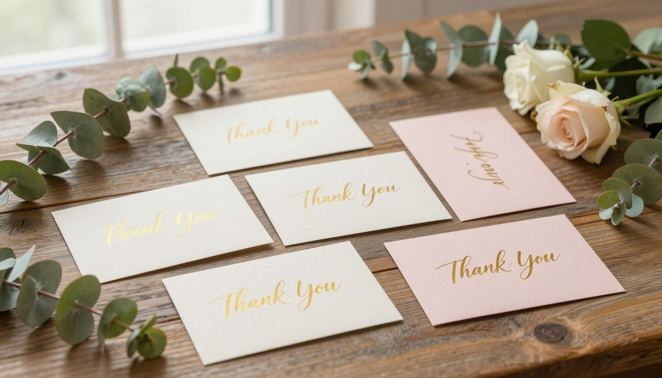 elegant thank you cards displayed on a rustic wooden table with fresh flowers and calligraphy pen
