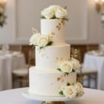 Wedding Cake Ideas to Make Your Celebration Unforgettable elegant three-tier white wedding cake with fresh roses and gold accents on display at reception