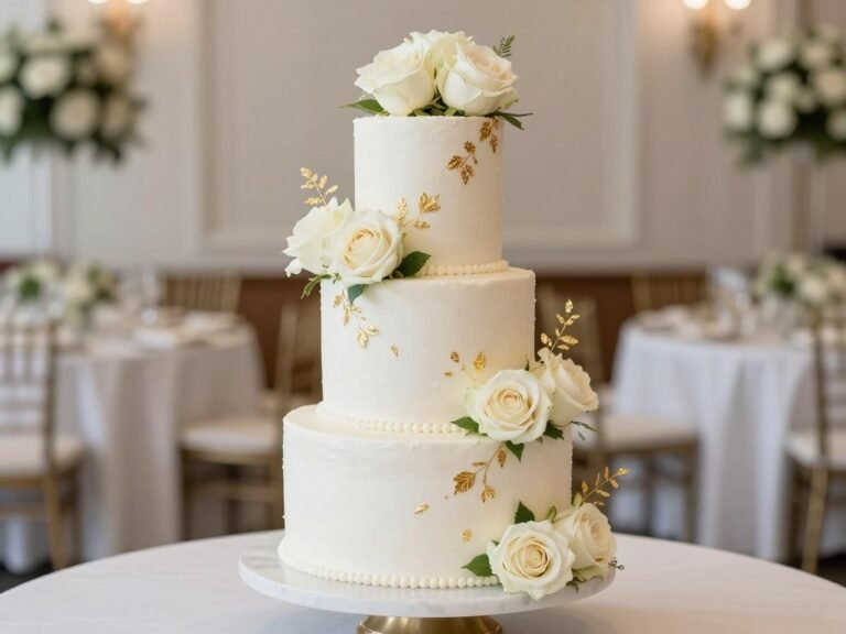 elegant three-tier white wedding cake with fresh roses and gold accents on display at reception