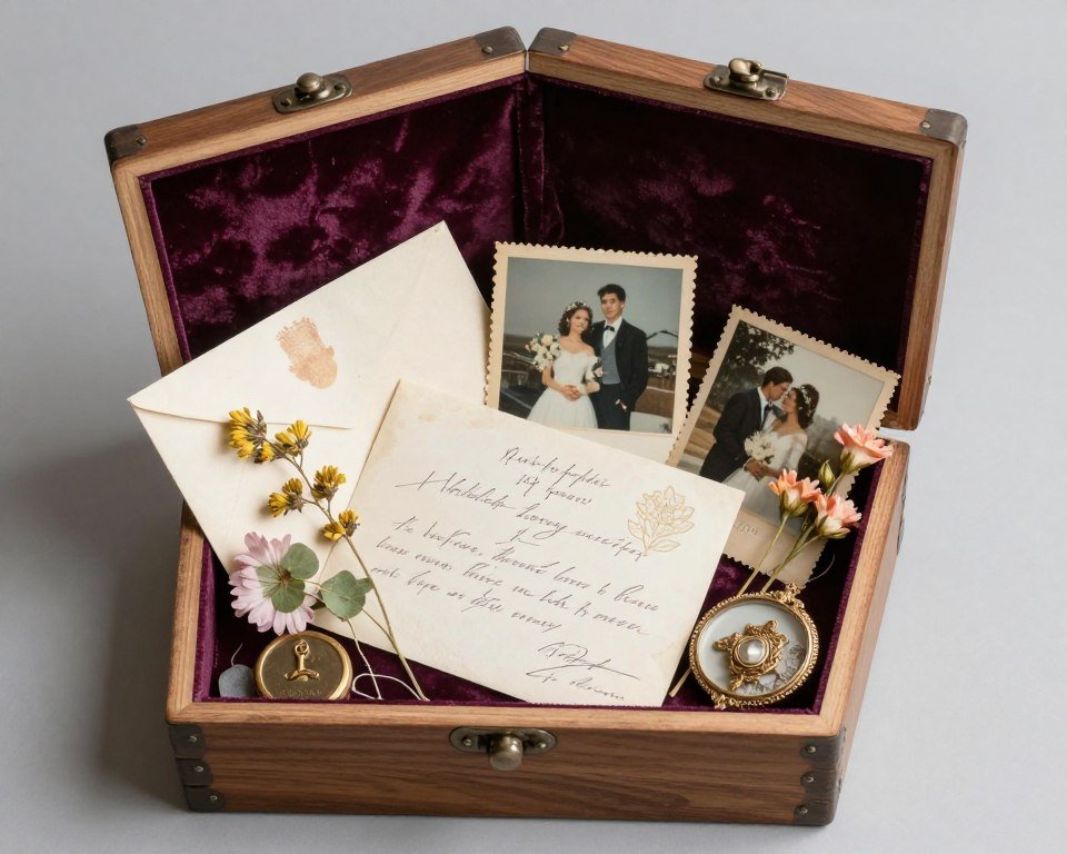 elegant time capsule box with wedding and memorial items inside