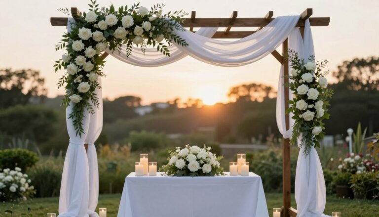 elegant wedding altar ideas with flowing fabric and lush florals