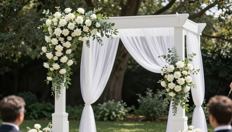 elegant wedding arch decorated with white flowers and greenery at outdoor ceremony