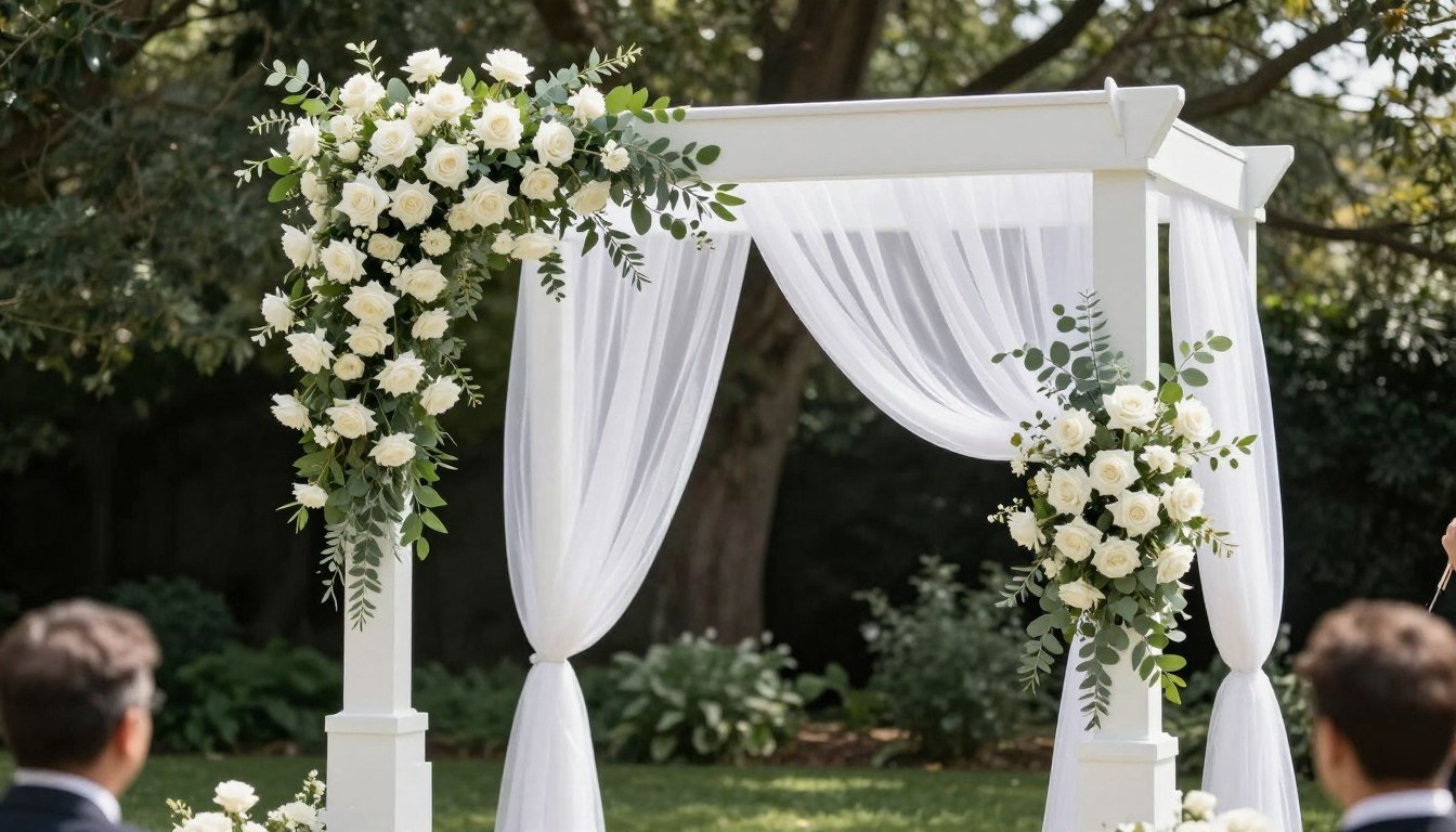 elegant wedding arch decorated with white flowers and greenery at outdoor ceremony