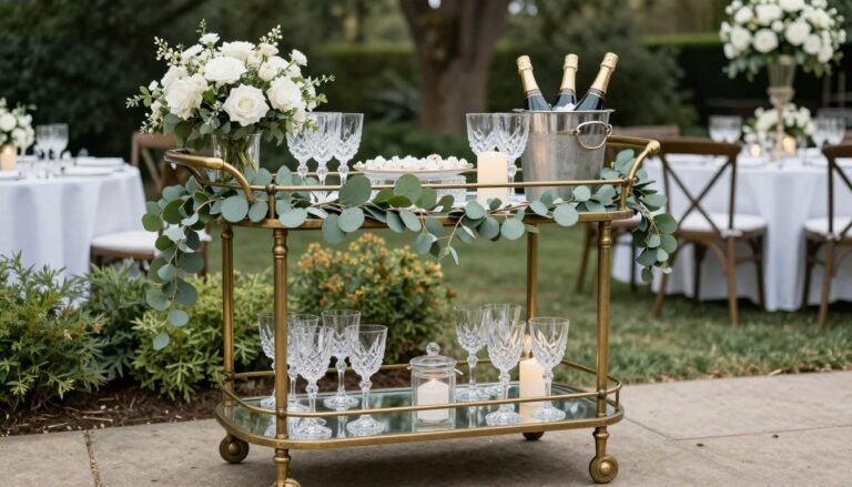 elegant wedding bar setup with floral decorations and vintage glassware