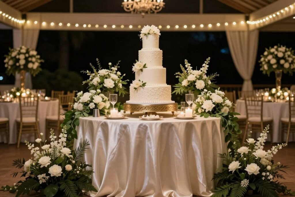 elegant wedding cake display table with flowers and lighting elegant wedding cake display table with flowers and lighting