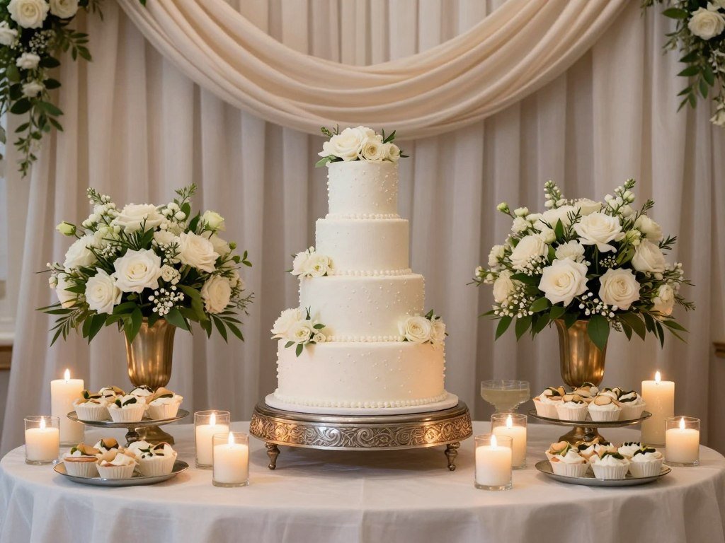 elegant wedding cake table with floral decorations