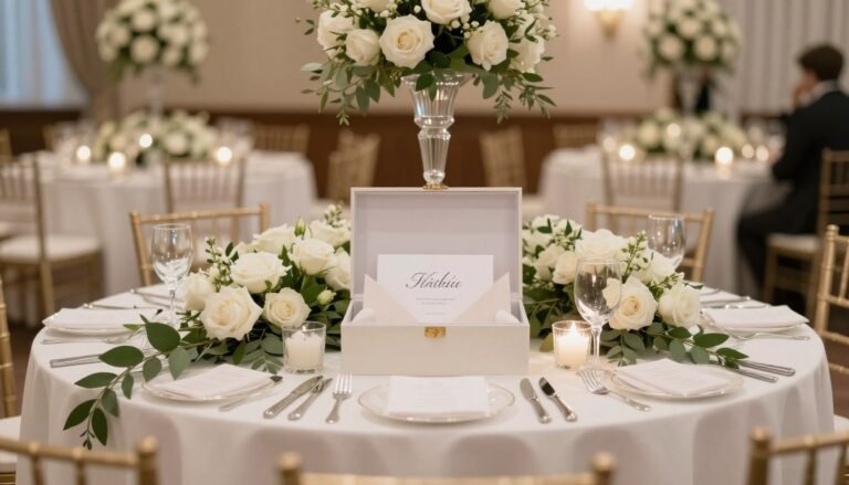 elegant wedding card box surrounded by flowers on gift table at reception