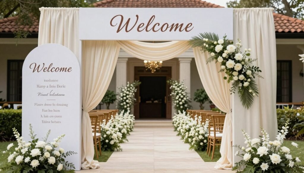 elegant wedding entrance with welcome sign and florals