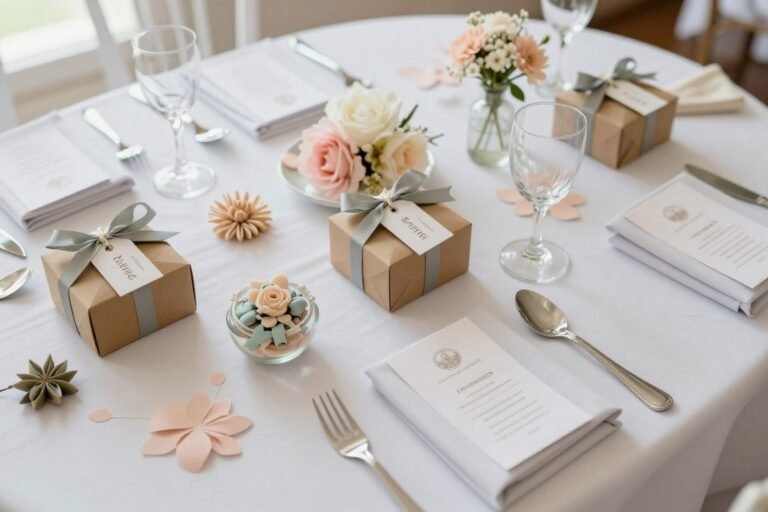elegant wedding favor display with personalized gifts on reception table