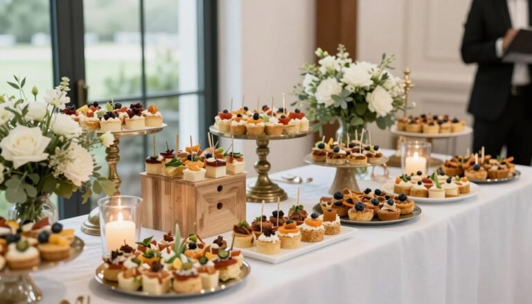 elegant wedding food display with various appetizers and dishes