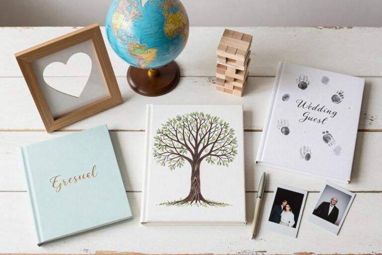 elegant wedding guest book alternatives display with various creative options including frames, globes, and decorative pieces arranged on vintage table