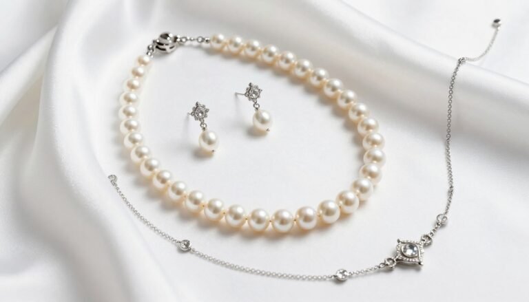 elegant wedding jewelry ideas for bride displayed on white silk fabric