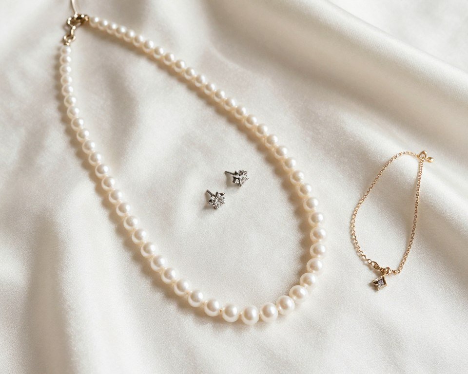 elegant wedding jewelry ideas for bride featuring pearl necklace and diamond earrings on silk fabric