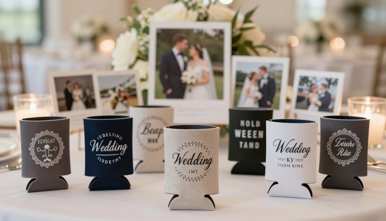elegant wedding koozie display with custom designs