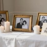 elegant wedding memorial table with photos and candles honoring loved ones