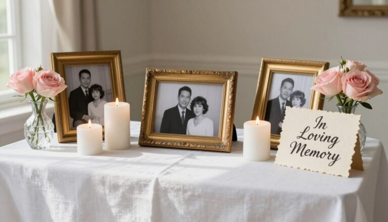 elegant wedding memorial table with photos and candles honoring loved ones