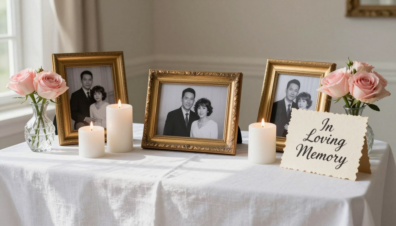 elegant wedding memorial table with photos and candles honoring loved ones