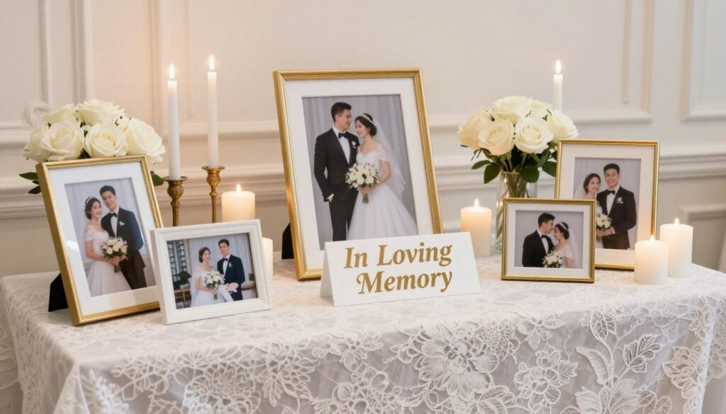 elegant wedding memorial table with white decor