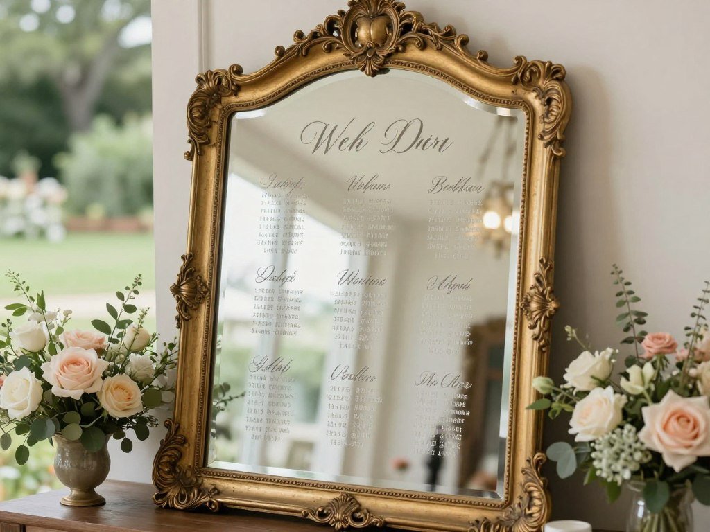 elegant wedding mirror ideas displaying seating chart with calligraphy