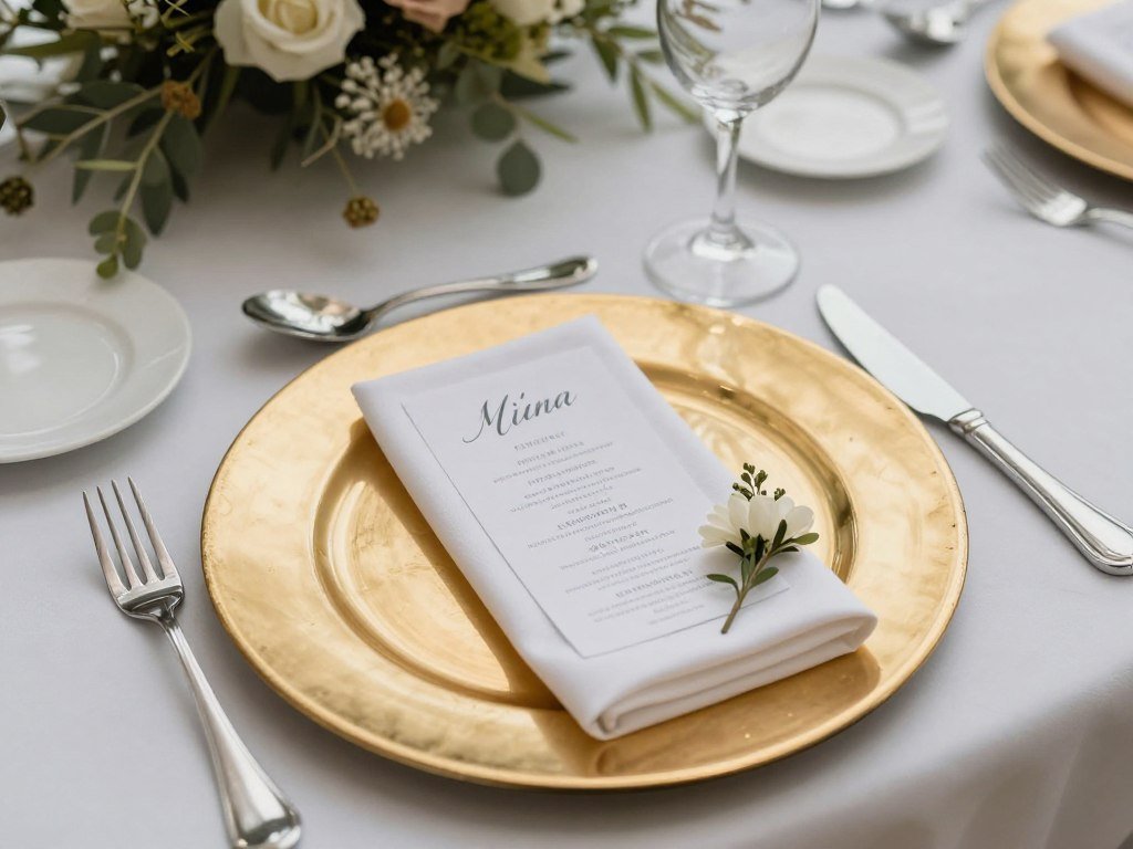 elegant wedding place setting with gold charger and napkin