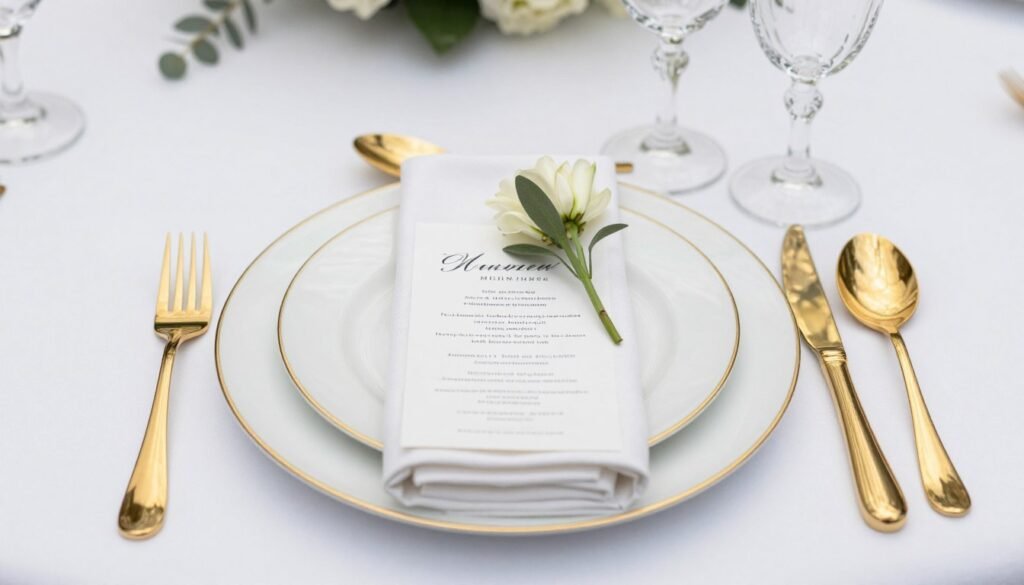 elegant wedding place setting with styled napkin and flatware