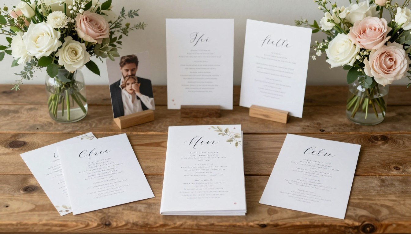 elegant wedding program ideas displayed on rustic wooden table