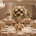elegant wedding reception with romantic lighting and floral centerpieces
